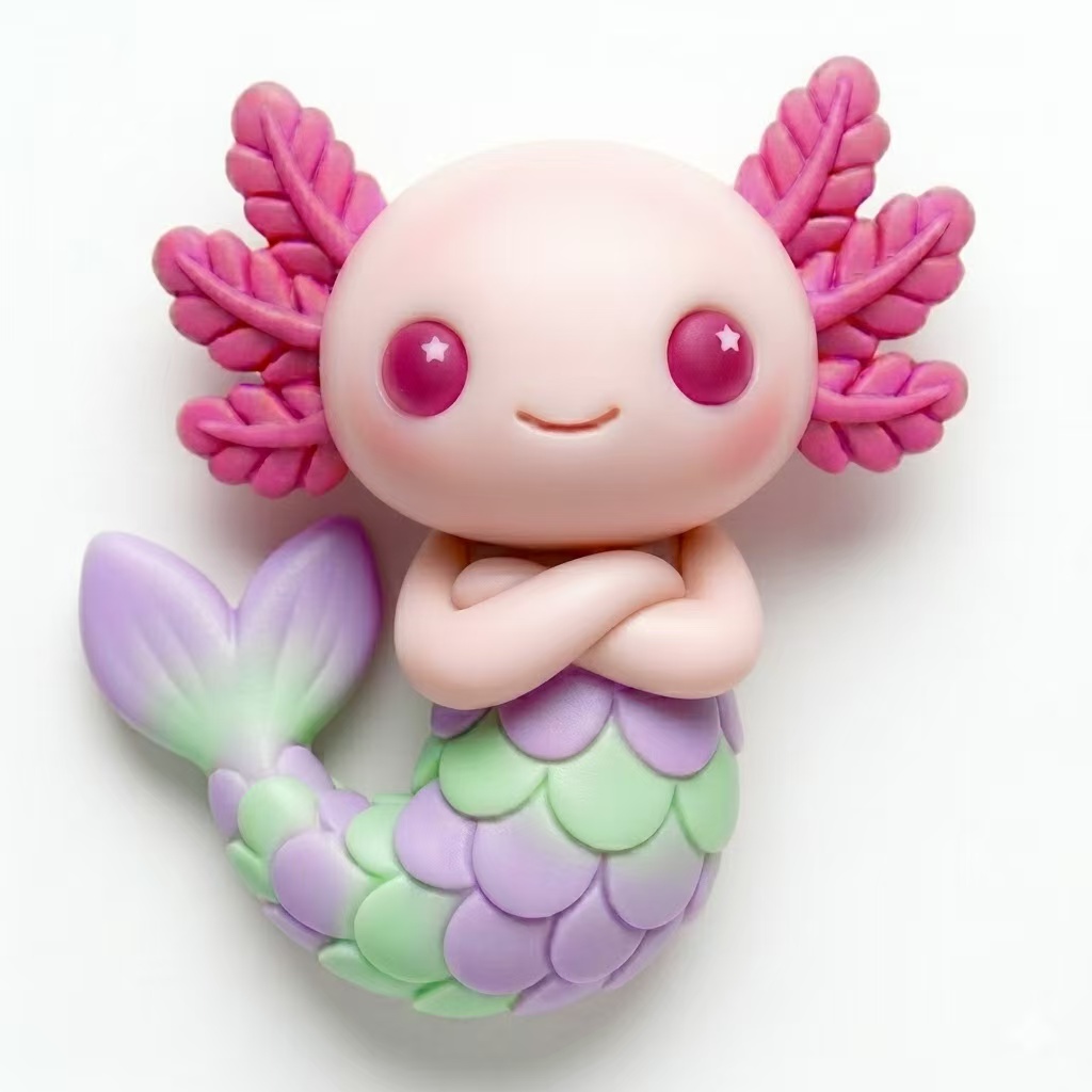 Axomie, an axolotl mermaid hybrid with pink gills and a pastel mermaid tail
